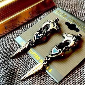 Handcrafted Feather Dangle‎ Earrings with Heart Design